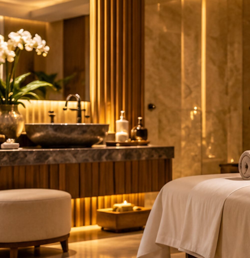 Orchids and natural stone basin