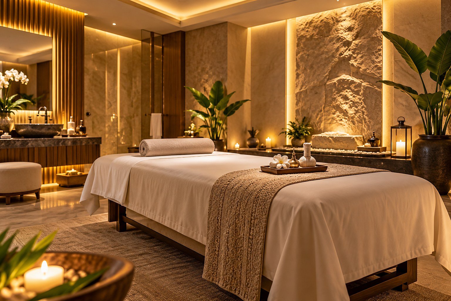 Candle-lit treatment room at La Bella Luxury Spa