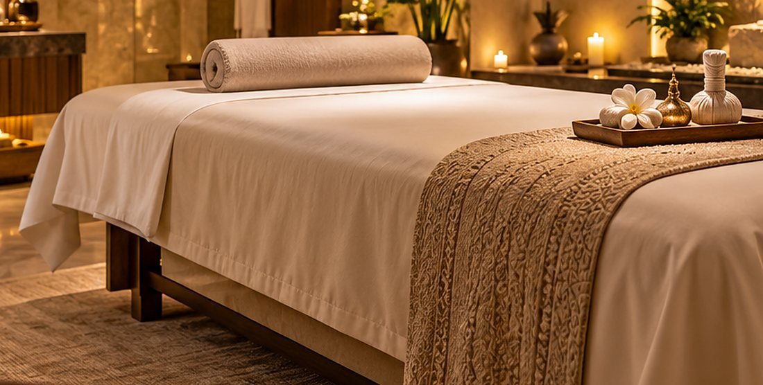 Treatment bed dressed in fine linen