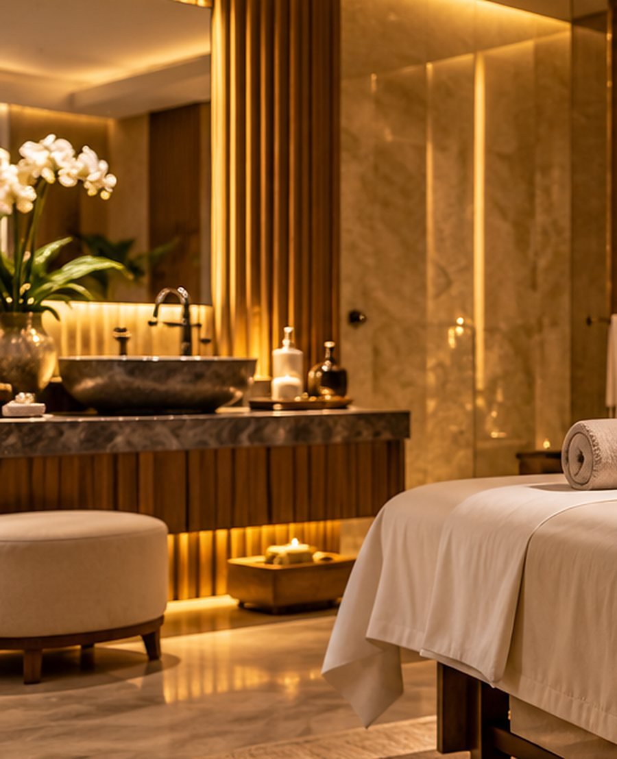 Orchids and stone basin in the spa