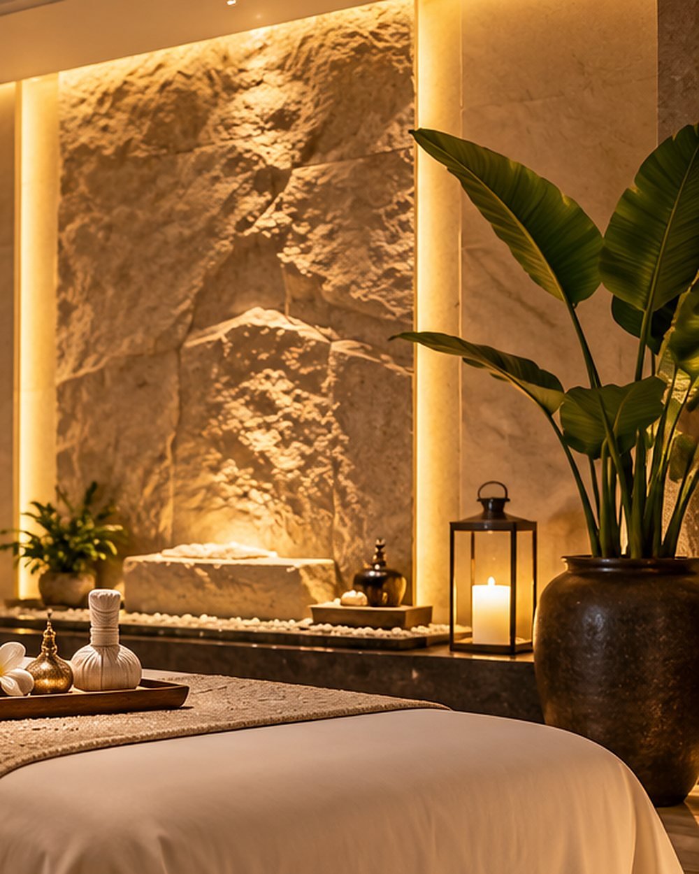 Warm stone wall and lantern light in the spa